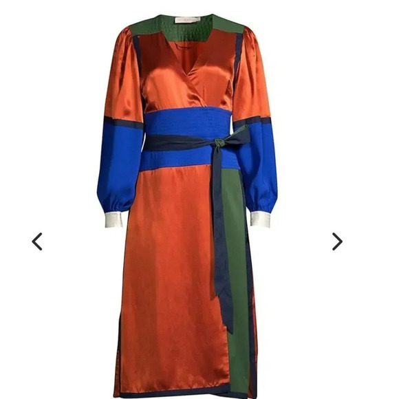 Tory Burch Kola Colorblock Silk Blend Satin Crepe Wrap Dress Size 2